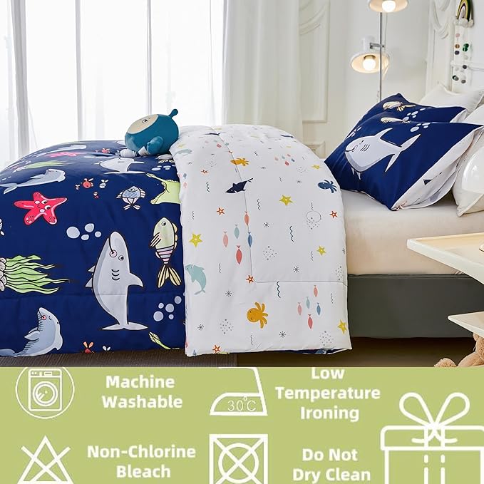 RYNGHIPY Kids Bedding Set for Queen Bed Reversible Ocean Animals Print Comforter Set for Boys Girls Easy-Wash Super Soft Microfiber Bed Set (Navy Ocean,Queen)