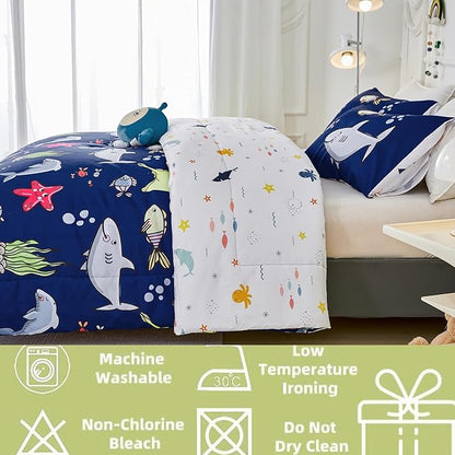 RYNGHIPY Kids Bedding Set for Queen Bed Reversible Ocean Animals Print Comforter Set for Boys Girls Easy-Wash Super Soft Microfiber Bed Set (Navy Ocean,Queen)