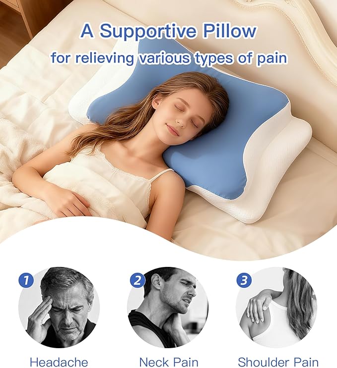 Neck Support Pillow Effectively Relieves Shoulder and Neck Pain, Ergonomic Memory Foam Pillow with Washable Ice Silk Cover, Breathable cervical Pillow for Back, Side, and Stomach Sleepers (Blue White)