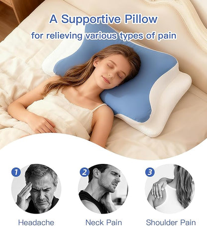 Neck Support Pillow Effectively Relieves Shoulder and Neck Pain, Ergonomic Memory Foam Pillow with Washable Ice Silk Cover, Breathable cervical Pillow for Back, Side, and Stomach Sleepers (Blue White)