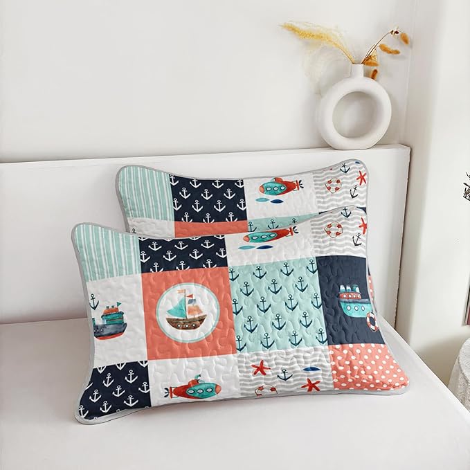 HOSIMA Nautical Full Size Quilt,Plaid Patchwork Pattern Hand Painted Seaplane,Boat and Anchor Quilt for Bedroom Nautical Decor,Sea Adventure Theme Coastal Bedding with 2 Pillowcases.