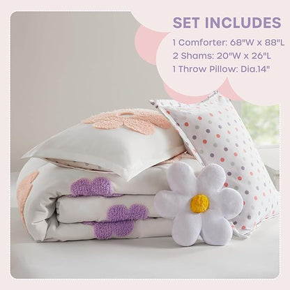 Intelligent Design Kids Full Comforter Set for Girls, Tufted Chenille Floral Comforter Set Queen, Lightweight Polka Dot Reversible Bed Set, Shams, Pillow, Gracie, Full/Queen White/Purple 4 Piece