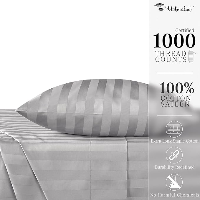 URBANHUT 1000 Thread Count Egyptian Cotton Sheets Damask Striped Twin Size, Breathable Long Staple, 4 Pc Bed Sheet Sets, Luxury Hotel Sateen Sheets Fits 16" Deep Pocket - Silver Grey