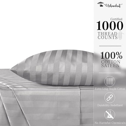 URBANHUT 1000 Thread Count Egyptian Cotton Sheets Damask Striped Twin Size, Breathable Long Staple, 4 Pc Bed Sheet Sets, Luxury Hotel Sateen Sheets Fits 16" Deep Pocket - Silver Grey