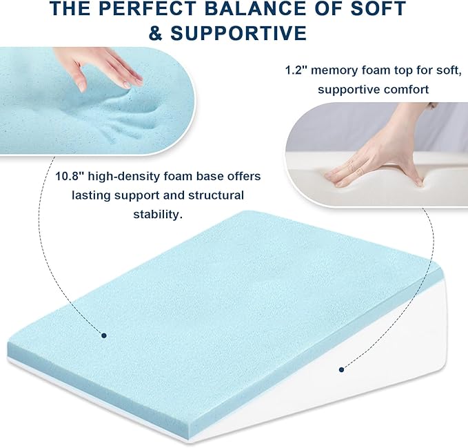 12" Wedge Pillow for Sleeping, Bed Wedge After Surgery, Back Pain Relief, Memory Foam Pillow Triangle Incline Wedge for Back Support, Leg Elevation (Light Grey)