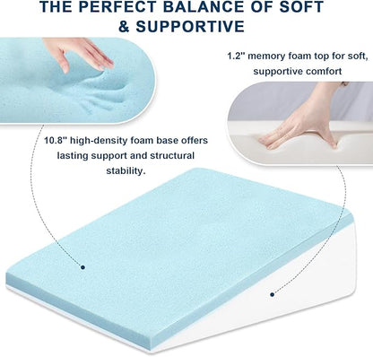 12" Wedge Pillow for Sleeping, Bed Wedge After Surgery, Back Pain Relief, Memory Foam Pillow Triangle Incline Wedge for Back Support, Leg Elevation (Light Grey)