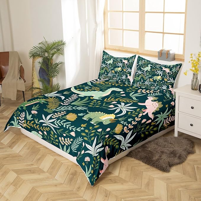 Castle Fairy Cute Dinosaur Bedding Set King Size for Teens,Kids Cartoon Dino Kawaii Animal Comforter Cover with 2 Pillowcases,Green Pink Leaves Plant Botanical Duvet Cover Set Microfiber Quilt Cover
