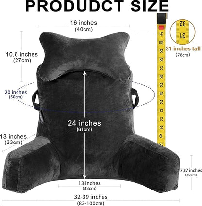 Reading Pillow-Extra Large 31" Bed Rest Pillow with Detachable Neck Roll & Arms for Sitting in Bed or Couch-Backrest Reading Pillow Adult Back Pillows for Reading,Watching TV,Gaming,Relaxing-Black