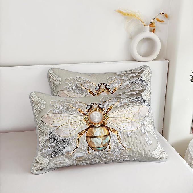 AILONEN Honey Bee Queen Size Quilt Set,Beautiful Gold Diamond Bee Bedspread Coverlet + 2 Pillowcases,3Pcs Animal Themed Flower Pearl Printed White Bed Cover for Girls