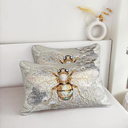 AILONEN Honey Bee Queen Size Quilt Set,Beautiful Gold Diamond Bee Bedspread Coverlet + 2 Pillowcases,3Pcs Animal Themed Flower Pearl Printed White Bed Cover for Girls