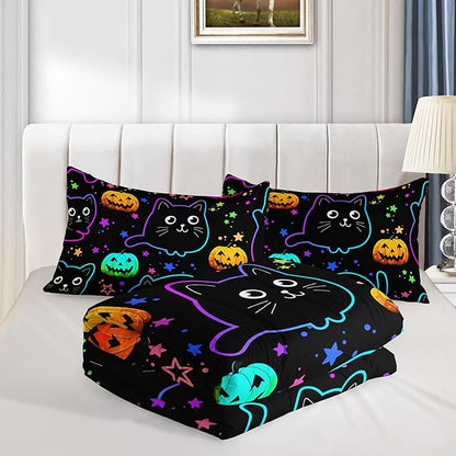 Cute Pet Cat Comforter Full Bedding Sets,Halloween Pumpkin Lantern Stars Pattern Comforter Sets for Toddler Kids Room Decor,Colorful Neon Lights 3Pcs Bed Set with 2 Pillowcases.