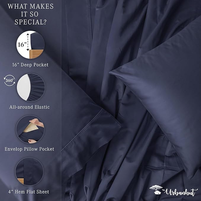 URBANHUT 1000 Thread Count California King Sheet Set Egyptian Cotton, Long Staple Soft & Breathable, 4 Pc Bed Sheet Sets, Luxury Hotel Sateen Sheets Fits 16" Deep Pocket - Navy Blue