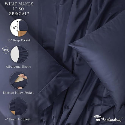 URBANHUT 1000 Thread Count King Sheet Set Egyptian Cotton Sheets, Long Staple Soft & Breathable, 4 Pc Bed Sheet Sets, Luxury Hotel Sateen Sheets Fits 16" Deep Pocket - Navy Blue