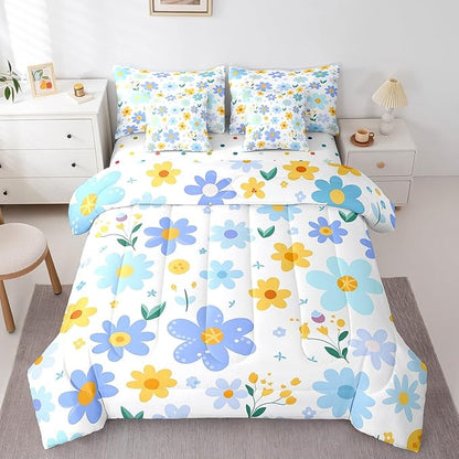 Feelyou Cute Flower 7 Piece Bedding Set Queen Size Kids Cartoon Cute Floral Bed in a Bag for Girls Teens Blue Yellow Comforter Set with Sheets Kawaii Bed Set