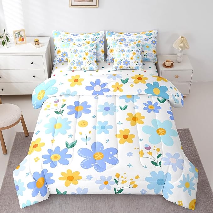 Feelyou Cute Flower 7 Piece Bedding Set Twin Size Kids Cartoon Cute Floral Bed in a Bag for Girls Teens Blue Yellow Comforter Set with Sheets Kawaii Bed Set