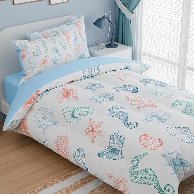 Kids Bedding Set for Girls Boys, Ultra Soft Microfiber Comforter Set Twin Size with 3-Pieces, Seashell Ocean Comforters Bed Sets for Kid Children Teen Tween Bedroom Decor