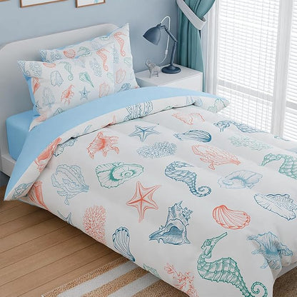 Kids Bedding Set for Girls Boys, Ultra Soft Microfiber Comforter Set Twin Size with 3-Pieces, Seashell Ocean Comforters Bed Sets for Kid Children Teen Tween Bedroom Decor