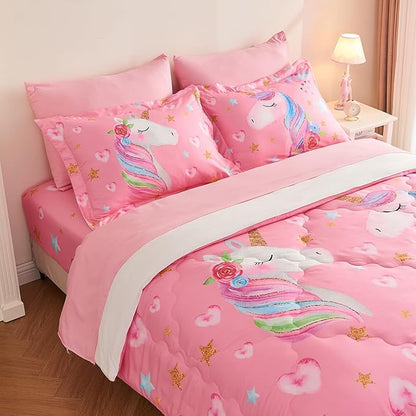 Wajade Pink Unicorn Comforter Set for Girls 7 Piece Cute Cartoon Bedding Set for Kids Full Size as Birthday Gift with Comforter, Sheet Set, Pillowcase and Sham