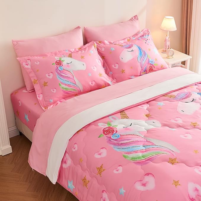 Wajade Pink Unicorn Comforter Set for Girls 7 Piece Cute Cartoon Bedding Set for Kids Queen Size as Birthday Gift with Comforter, Sheet Set, Pillowcase and Sham