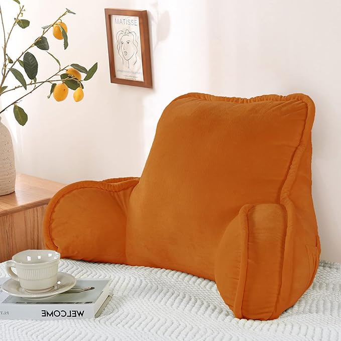 Super Soft Velvety Backrest Reading Bed Rest Pillow with Arms and Pockets 18" H for Sitting in Bed Couch Sofa, Back Support Wedge Cushion with Removable Cover, 20" x 18" x17", Burnt Orange