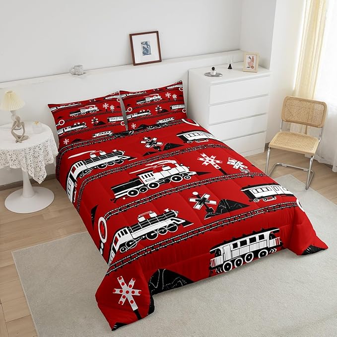 Erosebridal Boys Train Full Comforter Set Cartoon Car Toddler Bedding, Traffic Transportation Track Comforter for Kids Teens Vintage Steam Engine Railway Decor Quilt Set Room 3Pcs, Red White Black