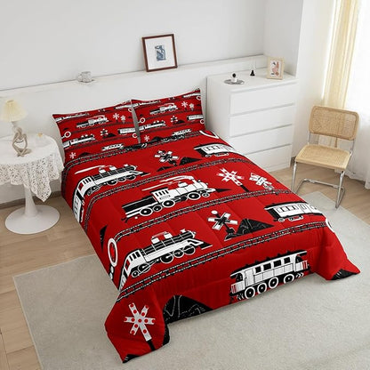 Erosebridal Boys Train Full Comforter Set Cartoon Car Toddler Bedding, Traffic Transportation Track Comforter for Kids Teens Vintage Steam Engine Railway Decor Quilt Set Room 3Pcs, Red White Black