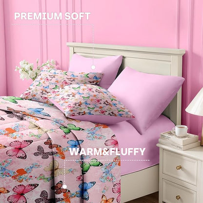 Nesker 7 Pcs Comforter Set Queen Size, Colorful Butterfly Bedding for Kids Teen, Cute Butterflies with Fitted Sheet 2 Pillowcases & 2 Shams for Bedroom Bed Decor