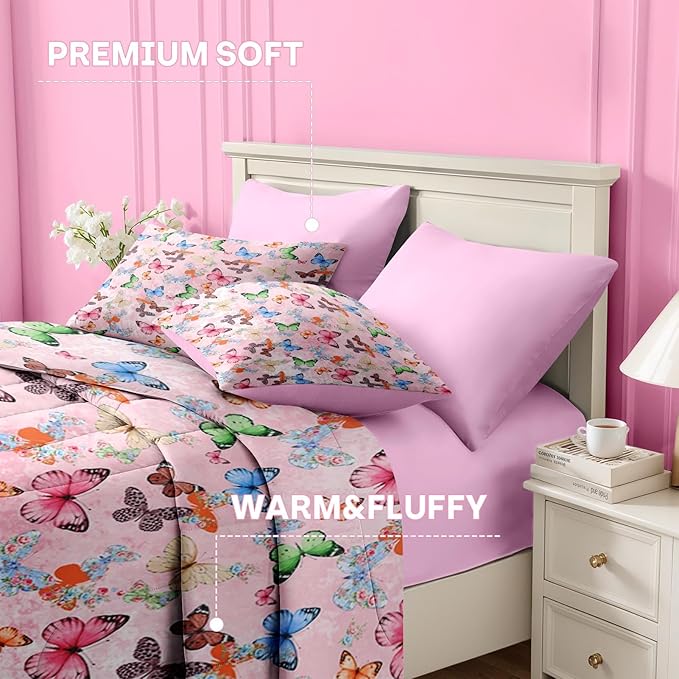 Nesker 5 Pcs Comforter Set Twin Size, Colorful Butterfly Bedding for Kids Teen, Cute Butterflies Bed Sheet with Pillowcase & Sham