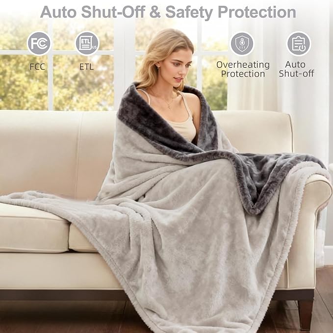 Electric Heated Blanket Throw 50''x60'' – Soft Dual-Sided Flannel, 12 Heat Settings, Smart Timer, ETL & FCC Certified, Machine Washable (Deep Gray & Light Gray)