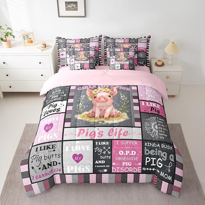 Feelyou Black Pink Pig Comforter Set with Sheets King Size Kids Cartoon Cute Pig 7 Piece Bedding Set Geometric Bed in a Bag for Women Men for Pig Lovers Bed Set
