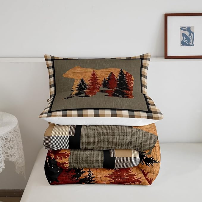Feelyou Cute Bear Comforter Set Wild Animal Pattern Bedding Set for Teens Nature Wildlife Bear Bedding Set Western Farmhouse Orange Grey Duvet Set Room Decor Full Size Duvet Set 3Pcs
