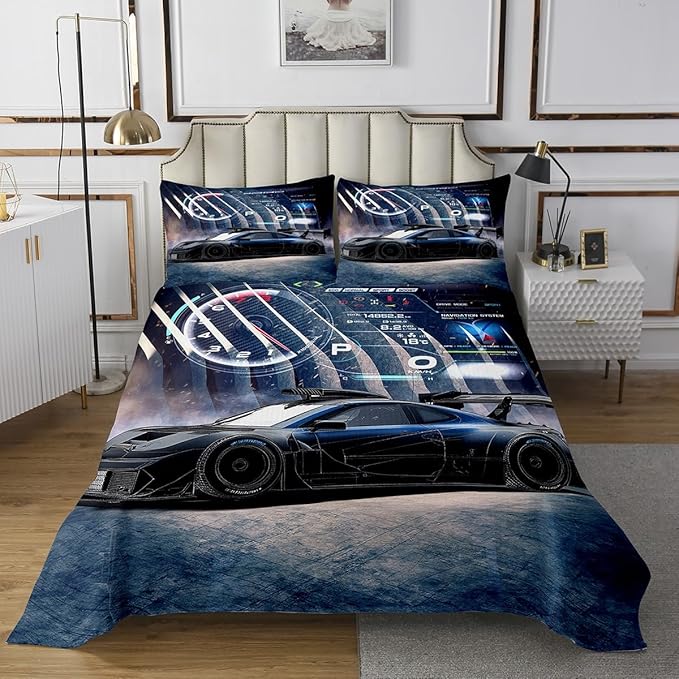 Sports Car Bedspread, Child Teens Extreme Sport Bedding Set Blue Race Car Fashion Coverlet Set, Breathable and Soft Quilt Set for All Seasons, Boys Girls Birthday Festival Present/Gift, King Size