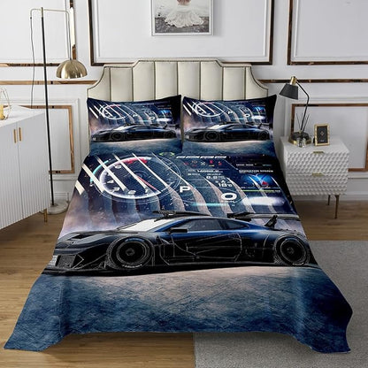 Sports Car Bedspread, Child Teens Extreme Sport Bedding Set Blue Race Car Fashion Coverlet Set, Breathable and Soft Quilt Set for All Seasons, Boys Girls Birthday Festival Present/Gift, King Size