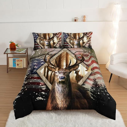 HOSIMA Hunting Bedding Sets 3Pcs Deer Comforter with 2 Pillowcases,Western Farmhouse Animal Hunting Stars Stripes USA Flag Queen Comforter Set for Teen Boys Mens Bedroom Essentials RV Inside Decor.