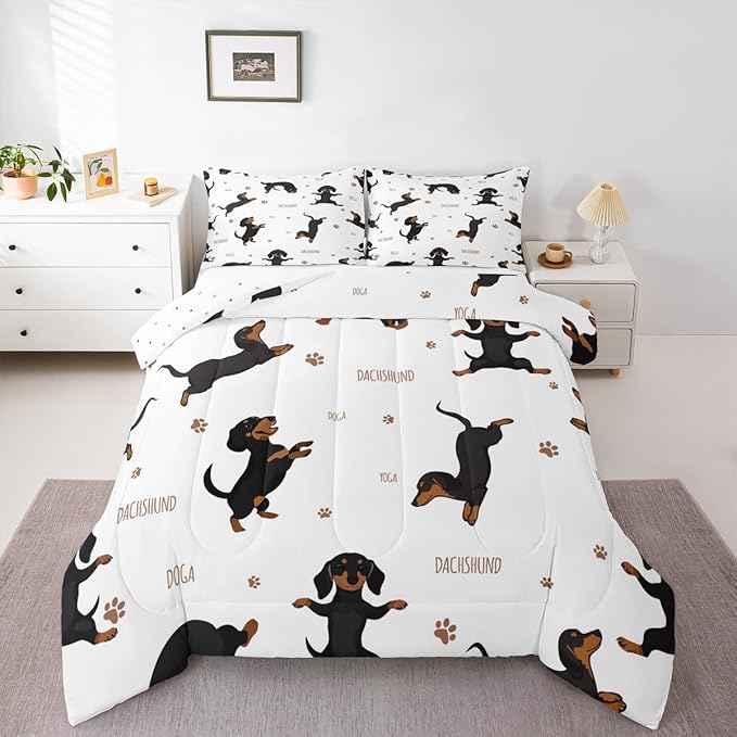 Feelyou Sausage Dog Bedding Set Boys Dachshund Comforter Set for Kids Teens Soft Puppy Dog Comforter Kawaii Pet Brown Duvet Set Room Decor King Size Quilt Boys