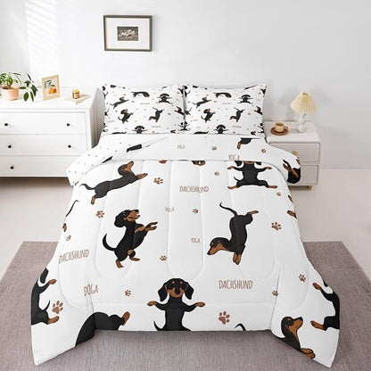 Feelyou Sausage Dog Bedding Set Boys Dachshund Comforter Set for Kids Teens Soft Puppy Dog Comforter Kawaii Pet Brown Duvet Set Room Decor King Size Quilt Boys
