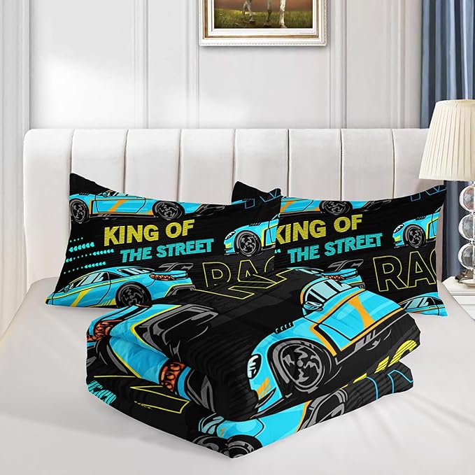 Car Bed for Boys Queen Comforter Set,Kids Racing Car Comforter Extreme Sports Bedding Set for Teens Boys Race Car Room Decor,Cool Blue Themed Children's Bedding with 2 Pillowcases.