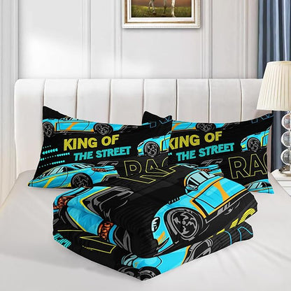 Car Bed for Boys Twin Comforter Set, Kids Racing Car Comforter Extreme Sports Bedding Set for Teens, Cool Blue Themed Children's Bedding with 2 Pillowcases