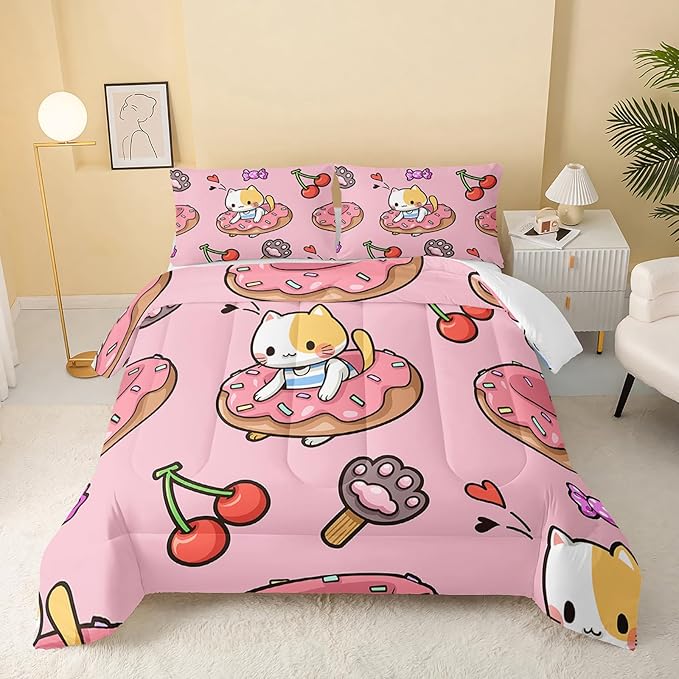 QOOMO Kawaii Cat Comforter King Size,Doughnut Cherry Cat Comforter Set for Kids Teens Girls,3Pcs Bedding Set Printed Comforter with 2 Pillowcases,Soft and Lightweight(Pink，King Size)