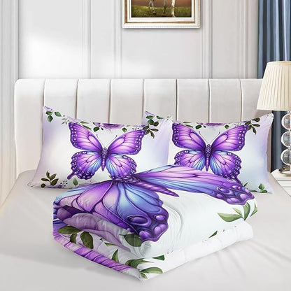Beautiful Butterfly Bedding Comforter Set Full Size,Blossoming Flowers Pattern Bedding Set for Kids Girls Toddlers Room Decor,Nature Insect Themed Bed Comforter Sets with 2 Pillowcases.