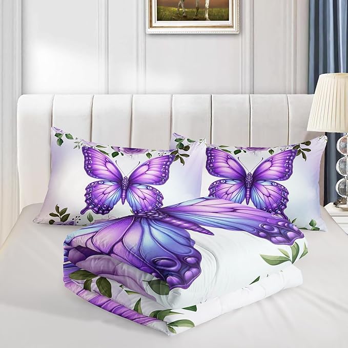 Beautiful Butterfly Bedding Comforter Set Twin Size,Blossoming Flowers Pattern Bedding Set for Kids Girls Toddlers Room Decor,Nature Insect Themed Bed Comforter Sets with 2 Pillowcases.