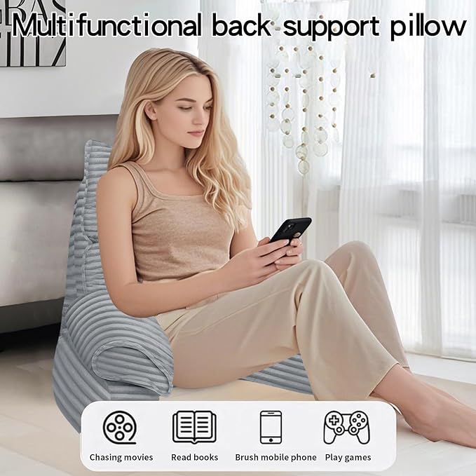 RRPAHWTV Reading Pillow for Bed with High Arm Rests,Back Support Pillow for Sitting Up in Bed with Shredded Memory Foam for Reading, TV, Gaming or Relaxing on Floor（Smoke Gray, Large）