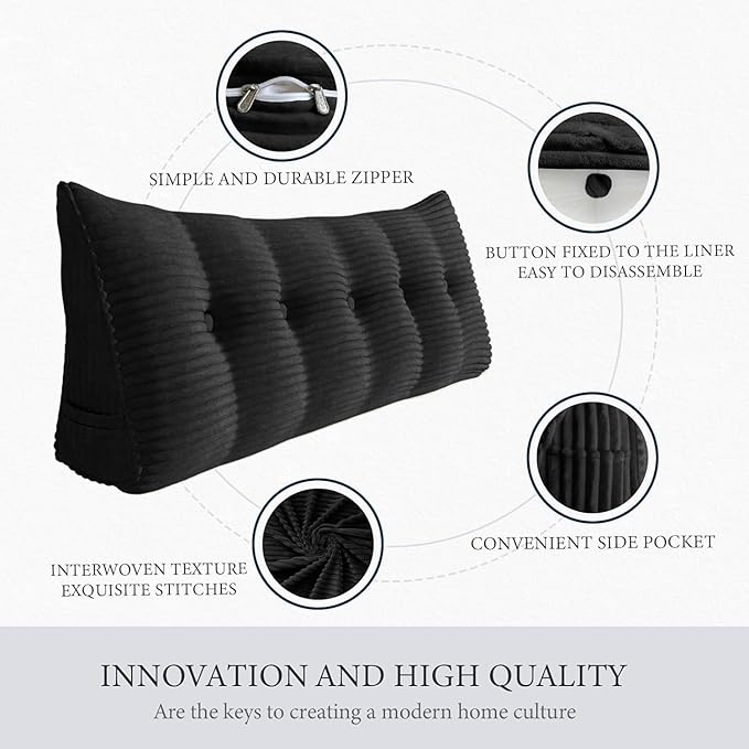 Wedge Headboard Pillow Dorm Room Reading Pillow Back Support for Sitting Up in Bed Bolster Lumbar Cushion Body Positioning Bedrest Corduroy (Black, Full (54 * 8 * 20in))