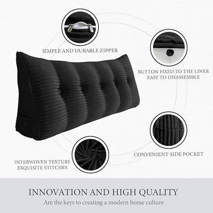 Wedge Headboard Pillow Dorm Room Reading Pillow Back Support for Sitting Up in Bed Bolster Lumbar Cushion Body Positioning Bedrest Corduroy (Black, Twin (39 * 8 * 20in))