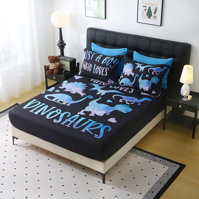 7 Piece Boys Dinosaur Comforter Set Queen Size Blue Dinonsaur Soft Microfiber Bed in A Bag with Comforter,Sheet Set,Pillowcase and Sham for Child Teens All Season