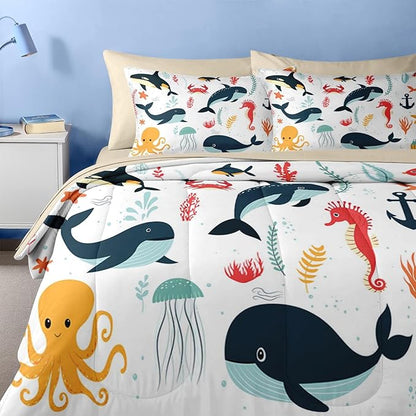 Nesker 7 Pcs Comforter Set Queen Size, Whales Octopuses Seahorses Bedding for Kids Teen, Ocean Sea Animal with Fitted Sheet 2 Pillowcases & 2 Shams for Bedroom Bed Decor