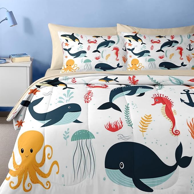 Nesker 7 Pcs Comforter Set Full Size, Whales Octopuses Seahorses Bedding for Kids Teen, Ocean Sea Animal with Fitted Sheet 2 Pillowcases & 2 Shams for Bedroom Bed Decor
