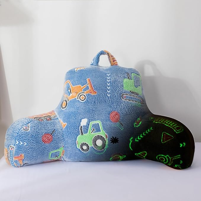 Aimuan Construction Truck Vehicles Reading Pillow Glow in The Dark Bed Rest Wedge Kids Glow Backrest Pillow Car Print with Arms Back Support for Sitting Up in Bed Cushion, Light Blue