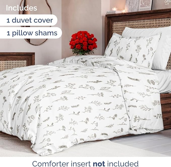 Duvet Cover Twin/Twin XL Size Set - Extra Soft Floral Duvet Cover 68 x 90 with 1 Pillow Sham - Comfy, Breathable Floral Bedding Set - Hotel Luxury & Fade Free with Zipper Closures and Ties - Plants
