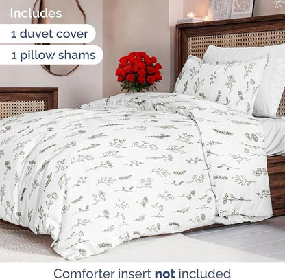 Duvet Cover Twin/Twin XL Size Set - Extra Soft Floral Duvet Cover 68 x 90 with 1 Pillow Sham - Comfy, Breathable Floral Bedding Set - Hotel Luxury & Fade Free with Zipper Closures and Ties - Plants